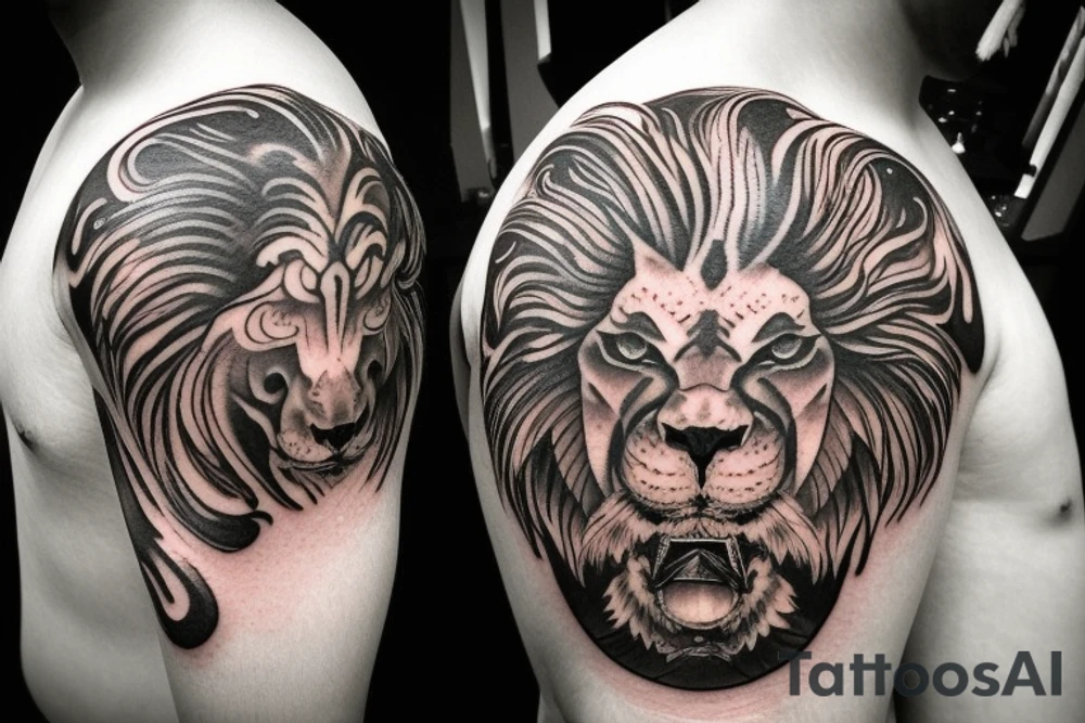 Shoulder sleeve tattoo
mystical lion-dragon pegasus shaman, with a mix of lion and dragon features, and holding a crystal ball. The design incorporates negative space to represent the dragon in the background, with the lion's mane becoming the shadow. The dragon's legs are included to help hold the empty crystal ball, with a mixture of lion's feet and dragon's claws. The overall style is mystical and spiritual in nature. tattoo idea