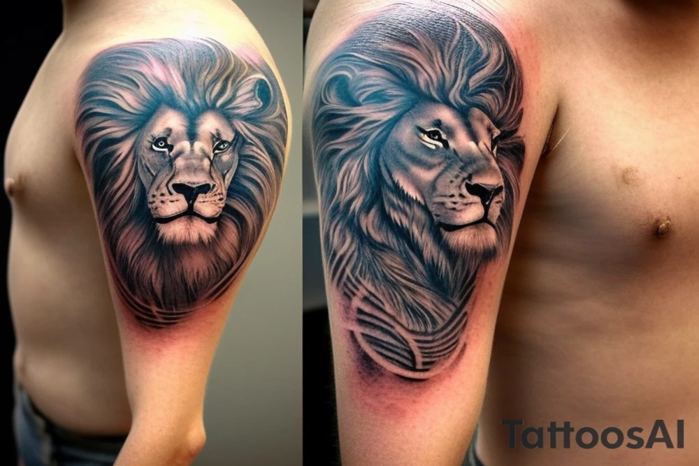 Shoulder sleeve tattoo
mystical lion-dragon pegasus shaman, with a mix of lion and dragon features, and holding a crystal ball. The design incorporates negative space to represent the dragon in the background, with the lion's mane becoming the shadow. The dragon's legs are included to help hold the empty crystal ball, with a mixture of lion's feet and dragon's claws. The overall style is mystical and spiritual in nature. tattoo idea