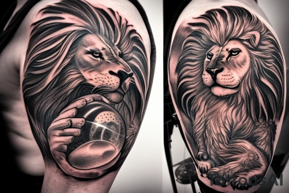 Shoulder sleeve tattoo
mystical lion-dragon pegasus shaman, with a mix of lion and dragon features, and holding a crystal ball. The design incorporates negative space to represent the dragon in the background, with the lion's mane becoming the shadow. The dragon's legs are included to help hold the empty crystal ball, with a mixture of lion's feet and dragon's claws. The overall style is mystical and spiritual in nature. tattoo idea