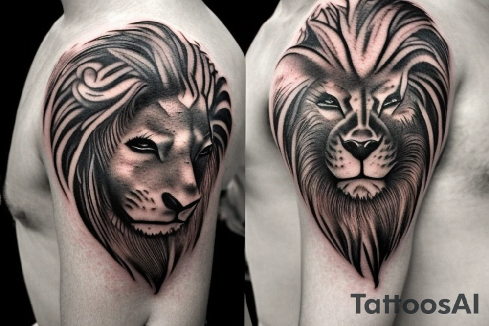 Shoulder sleeve tattoo
mystical lion-dragon pegasus shaman, with a mix of lion and dragon features, and holding a crystal ball. The design incorporates negative space to represent the dragon in the background, with the lion's mane becoming the shadow. The dragon's legs are included to help hold the empty crystal ball, with a mixture of lion's feet and dragon's claws. The overall style is mystical and spiritual in nature. tattoo idea