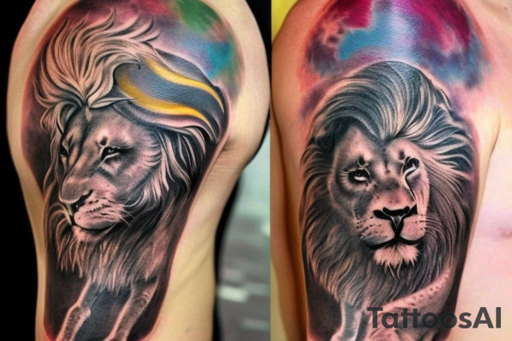 Shoulder sleeve tattoo
mystical lion-dragon pegasus shaman, with a mix of lion and dragon features, and holding a crystal ball. The design incorporates negative space to represent the dragon in the background, with the lion's mane becoming the shadow. The dragon's legs are included to help hold the empty crystal ball, with a mixture of lion's feet and dragon's claws. The overall style is mystical and spiritual in nature. tattoo idea