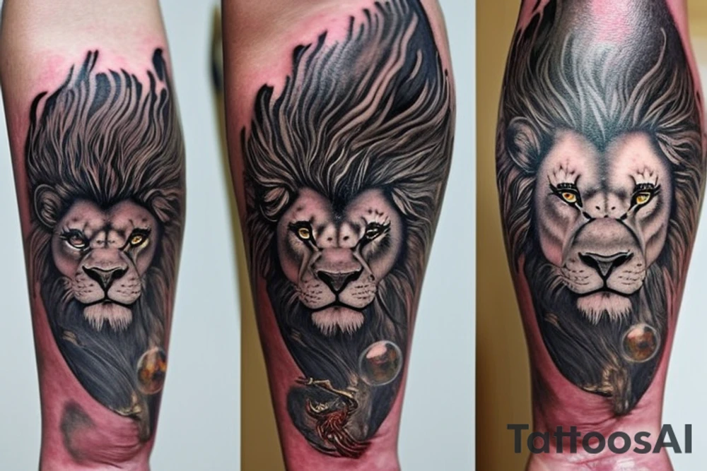 Shoulder sleeve tattoo
mystical lion-dragon pegasus shaman, with a mix of lion and dragon features, and holding a crystal ball. The design incorporates negative space to represent the dragon in the background, with the lion's mane becoming the shadow. The dragon's legs are included to help hold the empty crystal ball, with a mixture of lion's feet and dragon's claws. The overall style is mystical and spiritual in nature. tattoo idea