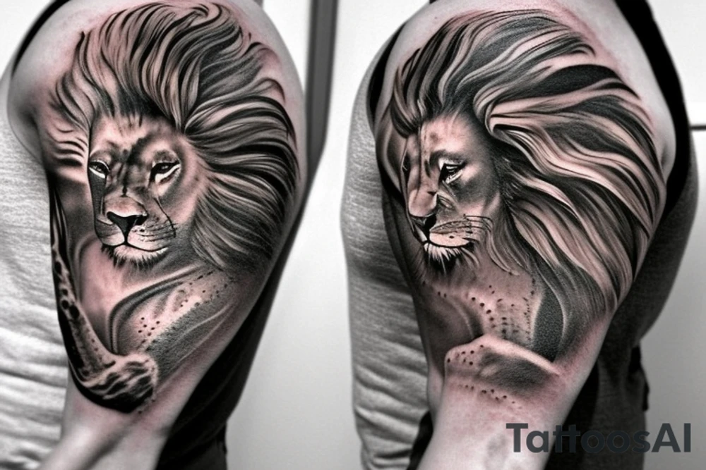 Shoulder sleeve tattoo
mystical lion-dragon pegasus shaman, with a mix of lion and dragon features, and holding a crystal ball. The design incorporates negative space to represent the dragon in the background, with the lion's mane becoming the shadow. The dragon's legs are included to help hold the empty crystal ball, with a mixture of lion's feet and dragon's claws. The overall style is mystical and spiritual in nature. tattoo idea