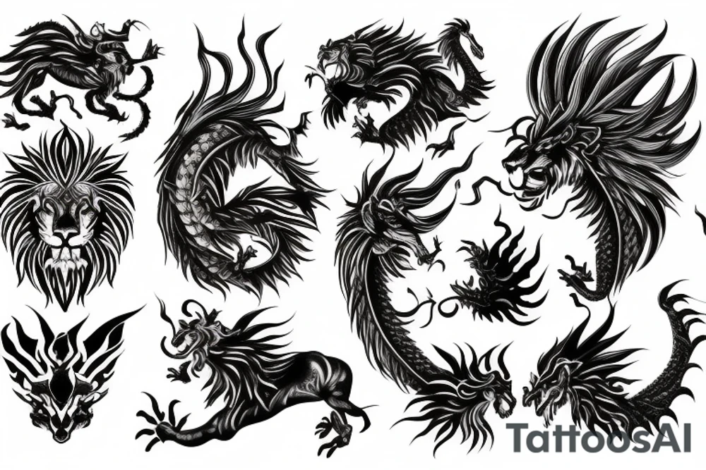 Mystical lion dragon shaman pegasus
Lions mane
Dragons wings
Dragons claws
Crystall ball
Vertical
Dark
Spiritual tattoo idea