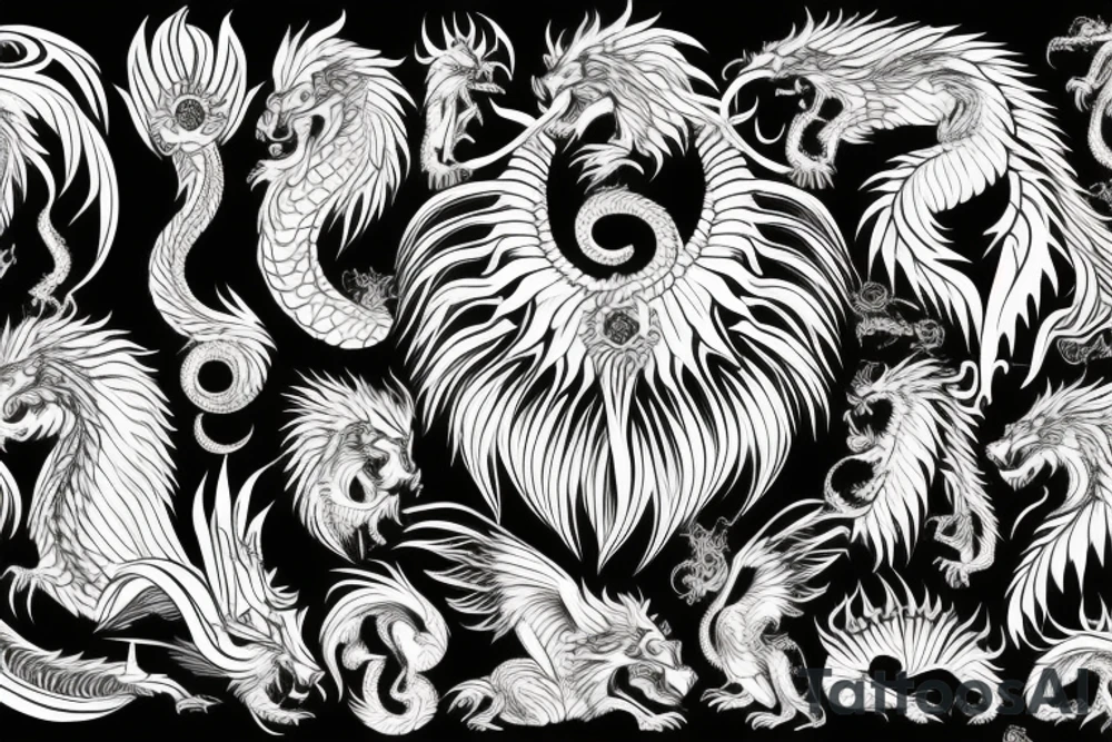 Mystical lion dragon shaman pegasus
Lions mane
Dragons wings
Dragons claws
Crystall ball
Vertical
Dark
Spiritual tattoo idea