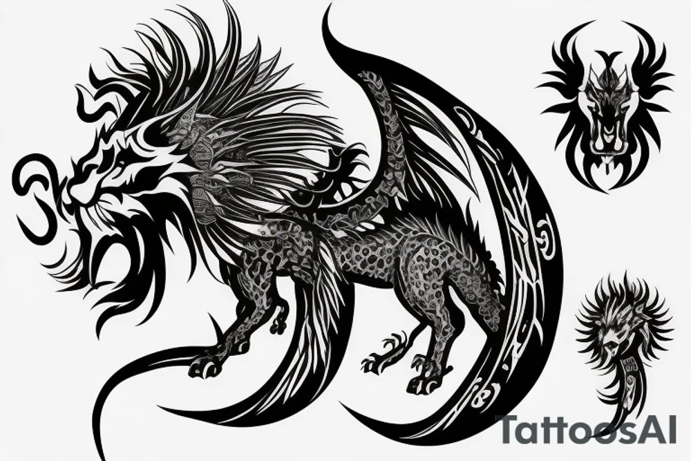 Mystical lion dragon shaman pegasus
Lions mane
Dragons wings
Dragons claws
Crystall ball
Vertical
Dark
Spiritual tattoo idea