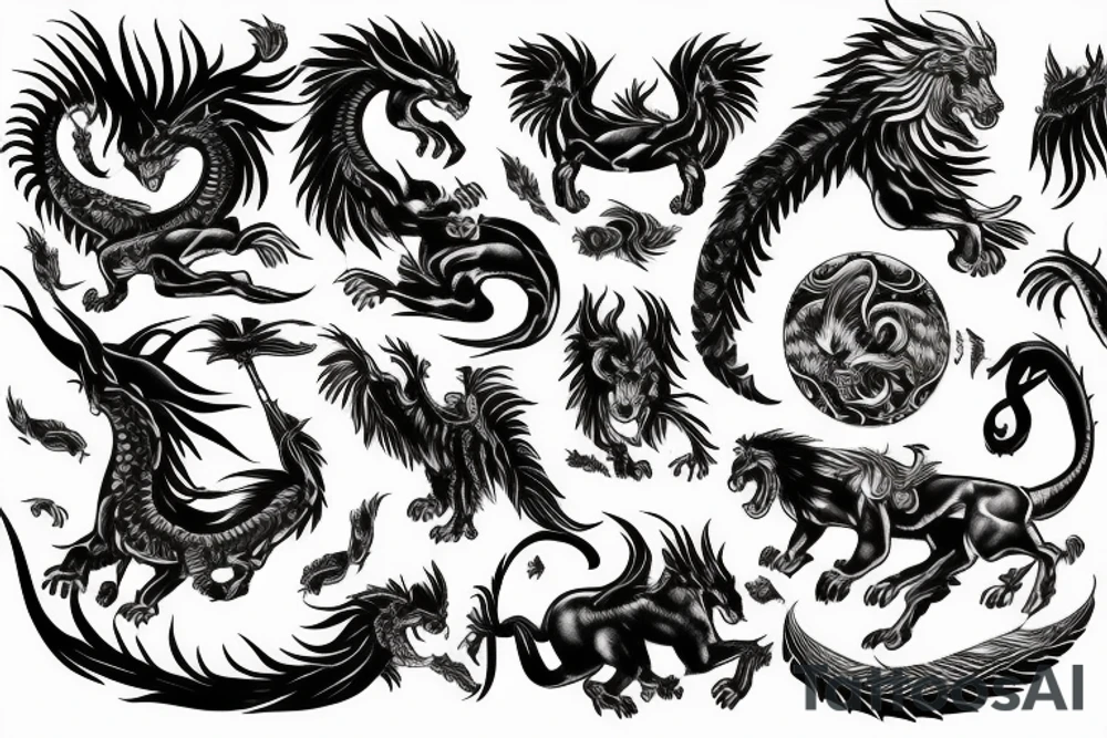 Mystical lion dragon shaman pegasus
Lions mane
Dragons wings
Dragons claws
Crystall ball
Vertical
Dark
Spiritual tattoo idea