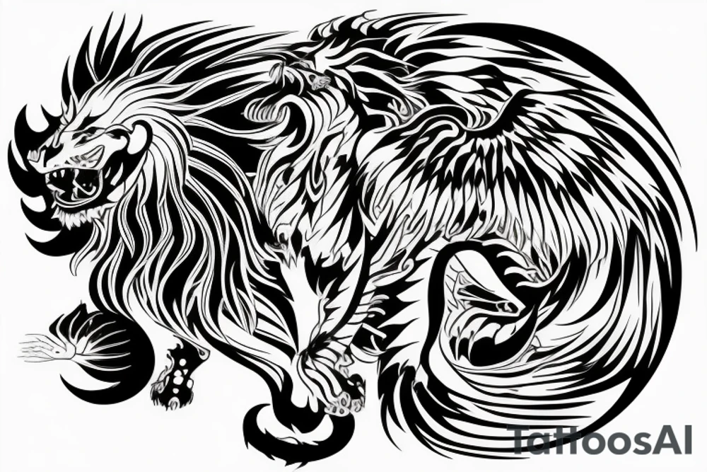 Mystical lion dragon shaman pegasus
Lions mane
Dragons wings
Dragons claws
Crystall ball
Vertical
Dark
Spiritual tattoo idea