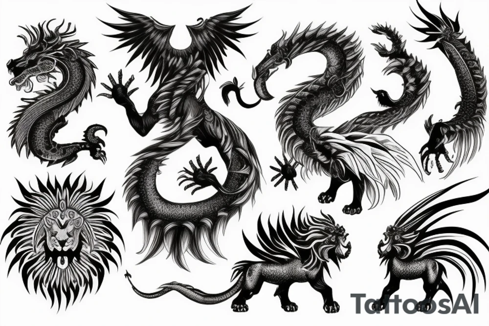 Mystical lion dragon shaman pegasus
Lions mane
Dragons wings
Dragons claws
Crystall ball
Vertical
Dark
Spiritual tattoo idea