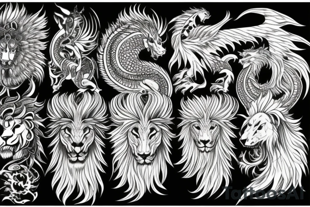 Mystical lion dragon shaman pegasus
Lions mane
Dragons wings
Dragons claws
Crystall ball
Vertical
Dark
Spiritual tattoo idea