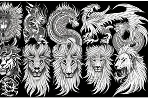 Mystical lion dragon shaman pegasus
Lions mane
Dragons wings
Dragons claws
Crystall ball
Vertical
Dark
Spiritual tattoo idea