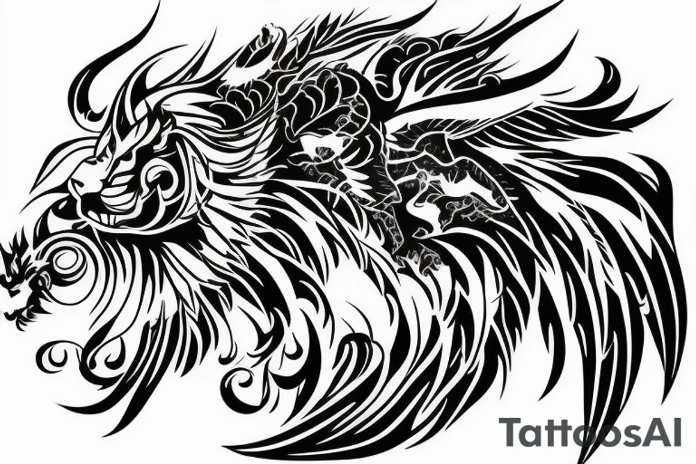 Mystical lion dragon shaman pegasus
Lions mane
Dragons wings
Dragons claws
Crystall ball
Vertical
Dark
Spiritual tattoo idea