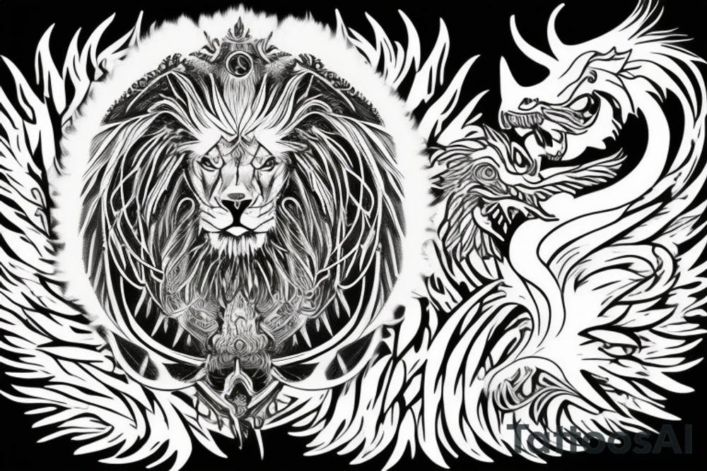 Mystical lion dragon shaman pegasus
Lions mane
Dragons wings
Dragons claws
Crystall ball
Vertical
Dark
Spiritual tattoo idea