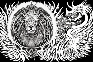 Mystical lion dragon shaman pegasus
Lions mane
Dragons wings
Dragons claws
Crystall ball
Vertical
Dark
Spiritual tattoo idea