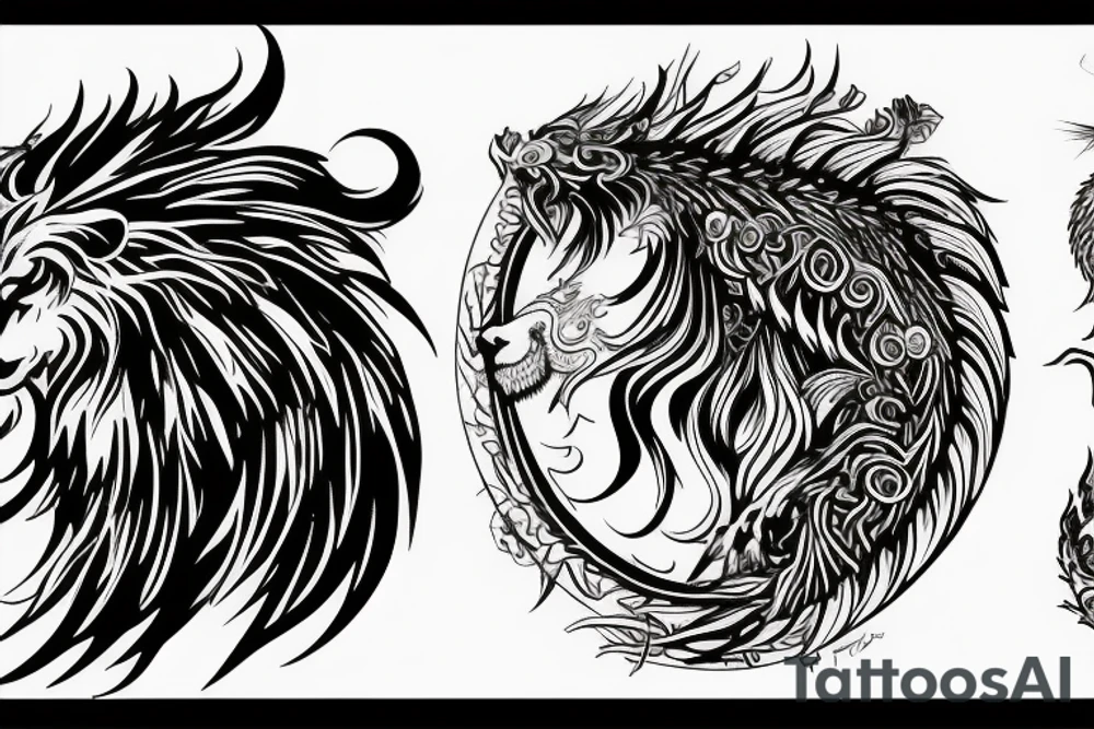 Mystical lion dragon shaman pegasus
Lions mane
Dragons wings
Dragons claws
Crystal ball
Vertical
Dark
Spiritual tattoo idea