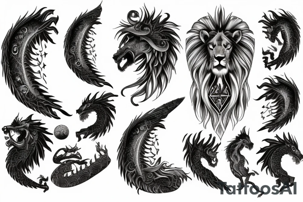 Mystical lion dragon shaman pegasus
Lions mane
Dragons wings
Dragons claws
Crystal ball
Vertical
Dark
Spiritual tattoo idea