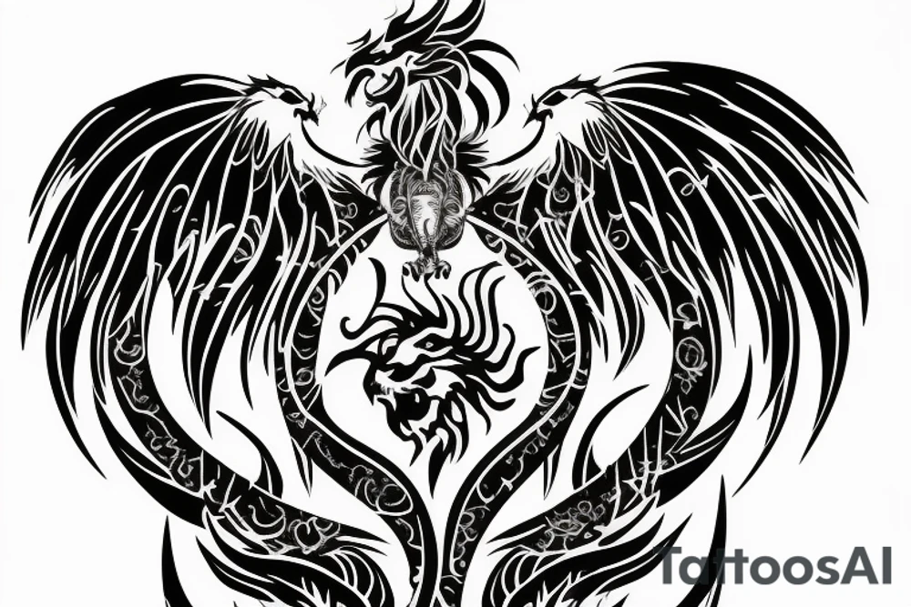 Mystical lion dragon shaman pegasus
Lions mane
Dragons wings
Dragons claws
Crystal ball
Vertical
Dark
Spiritual tattoo idea