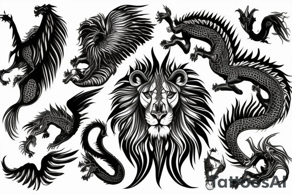 Mystical lion dragon shaman pegasus
Lions mane
Dragons wings
Dragons claws
Crystal ball
Vertical
Dark
Spiritual tattoo idea