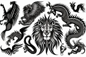 Mystical lion dragon shaman pegasus
Lions mane
Dragons wings
Dragons claws
Crystal ball
Vertical
Dark
Spiritual tattoo idea