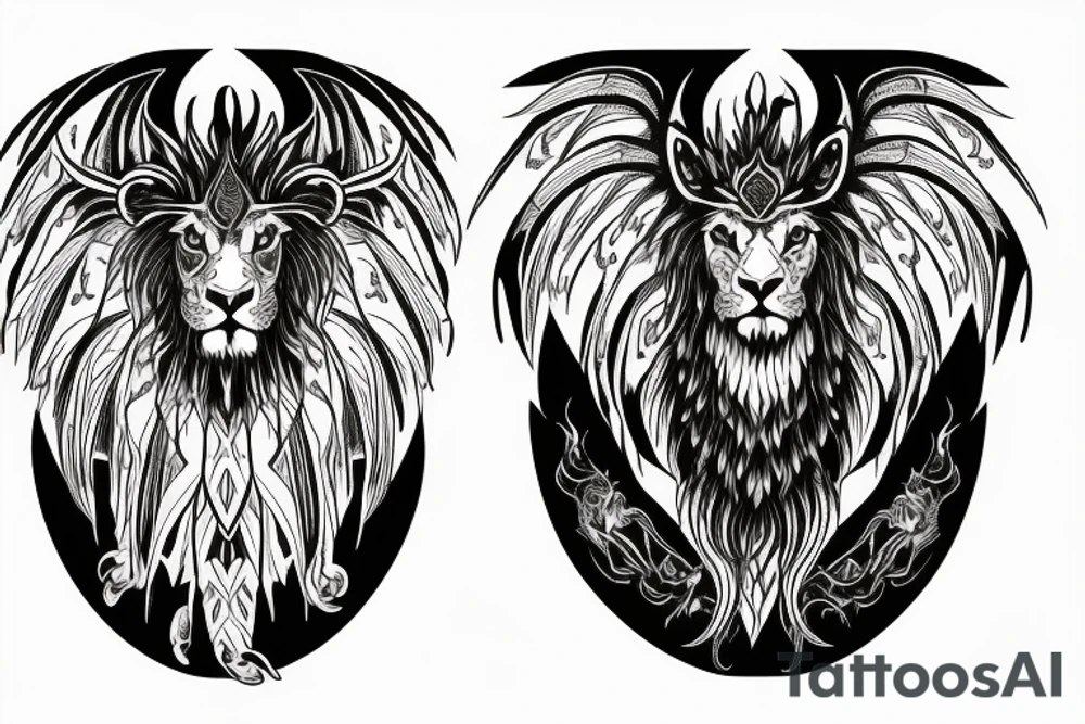 Mystical lion dragon shaman pegasus
Lions mane
Dragons wings
Dragons claws
Crystal ball
Vertical
Dark
Spiritual tattoo idea