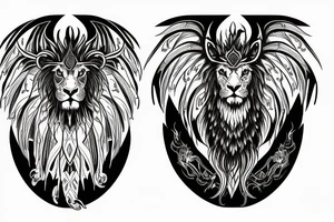 Mystical lion dragon shaman pegasus
Lions mane
Dragons wings
Dragons claws
Crystal ball
Vertical
Dark
Spiritual tattoo idea