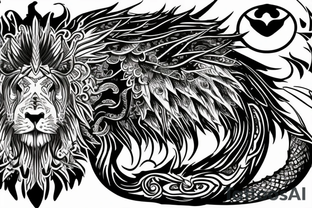 Mystical lion dragon shaman pegasus
Lions mane
Dragons wings
Dragons claws
Crystal ball
Vertical
Dark
Spiritual tattoo idea