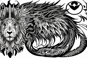 Mystical lion dragon shaman pegasus
Lions mane
Dragons wings
Dragons claws
Crystal ball
Vertical
Dark
Spiritual tattoo idea