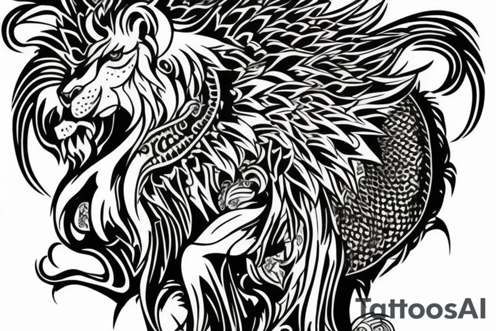Mystical lion dragon shaman pegasus
Lions mane
Dragons wings
Dragons claws
Crystal ball
Vertical
Dark
Spiritual tattoo idea
