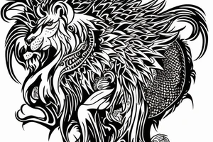 Mystical lion dragon shaman pegasus
Lions mane
Dragons wings
Dragons claws
Crystal ball
Vertical
Dark
Spiritual tattoo idea