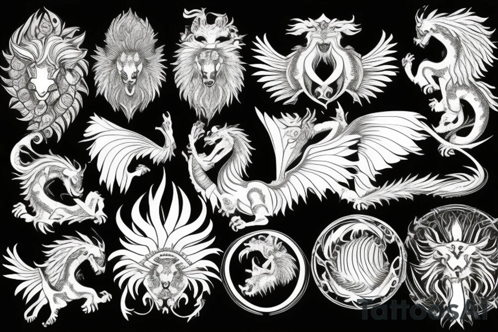 Mystical lion dragon shaman pegasus
Lions mane
Dragons wings
Dragons claws
Crystal ball
Vertical
Dark
Spiritual tattoo idea