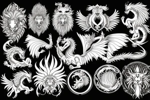 Mystical lion dragon shaman pegasus
Lions mane
Dragons wings
Dragons claws
Crystal ball
Vertical
Dark
Spiritual tattoo idea