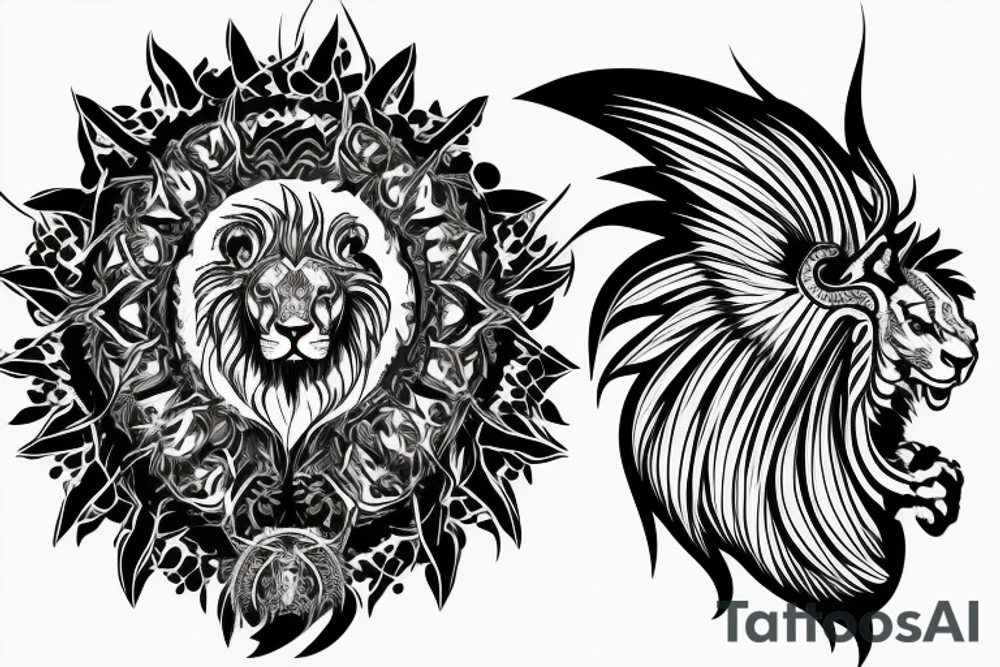 Mystical lion dragon shaman pegasus
Lions mane
Dragons wings
Dragons claws
Crystal ball
Vertical
Dark
Spiritual tattoo idea