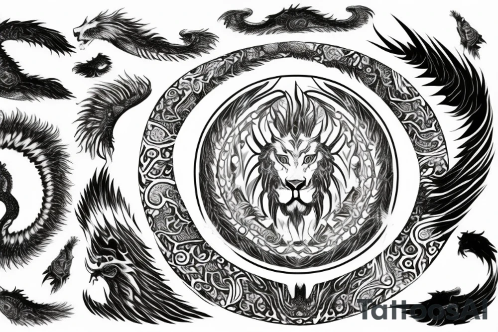 Mystical lion dragon shaman pegasus
Lions mane
Dragons wings
Dragons claws
Crystal ball
Vertical
Dark
Spiritual tattoo idea