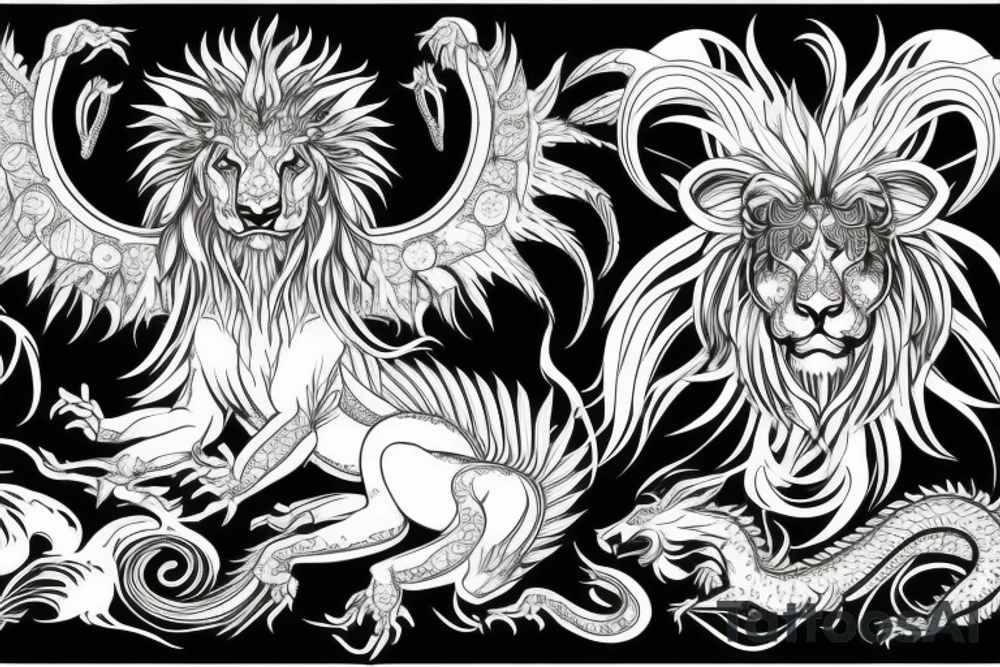 Mystical lion dragon shaman pegasus
Lions mane
Dragons wings
Dragons claws
Crystal ball
Vertical
Dark
Spiritual tattoo idea