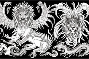 Mystical lion dragon shaman pegasus
Lions mane
Dragons wings
Dragons claws
Crystal ball
Vertical
Dark
Spiritual tattoo idea