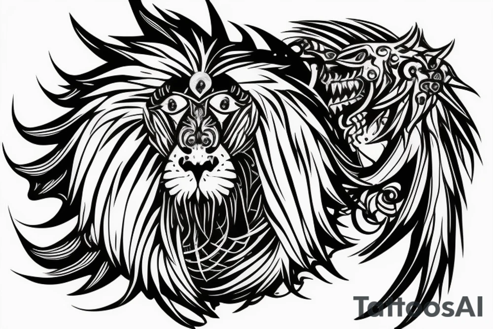 Mystical lion dragon shaman pegasus
Lions mane
Dragons wings
Dragons claws
Crystal ball
Vertical orientation
Vertically stacked
Dark
Spiritual tattoo idea