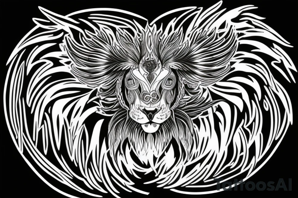 Mystical lion dragon shaman pegasus
Lions mane
Dragons wings
Dragons claws
Crystal ball
Vertical orientation
Vertically stacked
Dark
Spiritual
Simple lines
No white lines tattoo idea