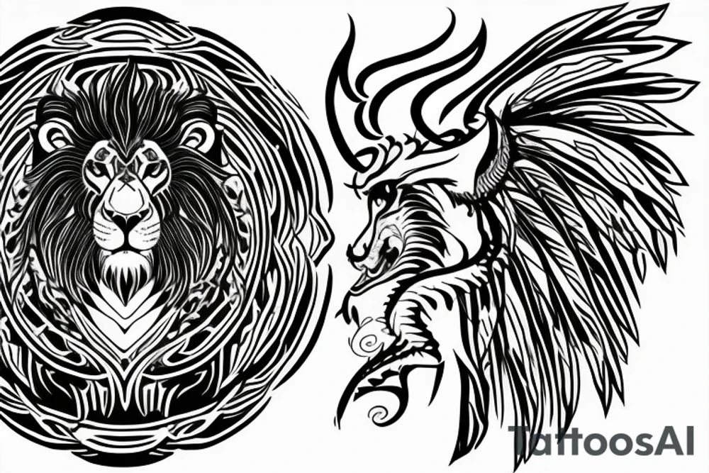 Mystical lion dragon shaman pegasus
Lions mane
Dragons wings
Dragons claws
Crystal ball
Vertical orientation
Vertically stacked
Dark
Spiritual
Simple lines
No white lines tattoo idea