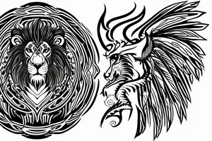 Mystical lion dragon shaman pegasus
Lions mane
Dragons wings
Dragons claws
Crystal ball
Vertical orientation
Vertically stacked
Dark
Spiritual
Simple lines
No white lines tattoo idea