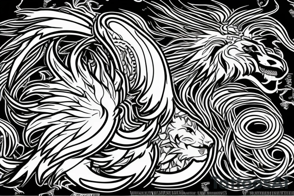 Mystical lion dragon shaman pegasus
Lions mane
Dragons wings
Dragons claws
Crystal ball
Vertical orientation
Vertically stacked
Dark
Spiritual
Simple lines
No white lines tattoo idea