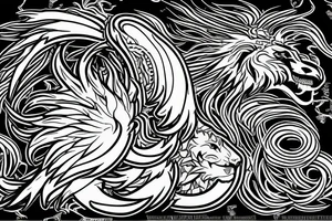 Mystical lion dragon shaman pegasus
Lions mane
Dragons wings
Dragons claws
Crystal ball
Vertical orientation
Vertically stacked
Dark
Spiritual
Simple lines
No white lines tattoo idea