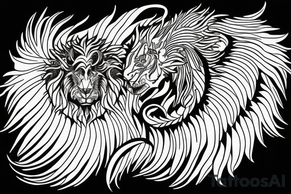Mystical lion dragon shaman pegasus
Lions mane
Dragons wings
Dragons claws
Crystal ball
Vertical orientation
Vertically stacked
Dark
Spiritual
Simple lines
No white lines tattoo idea