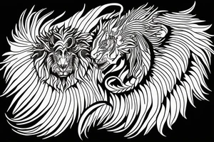 Mystical lion dragon shaman pegasus
Lions mane
Dragons wings
Dragons claws
Crystal ball
Vertical orientation
Vertically stacked
Dark
Spiritual
Simple lines
No white lines tattoo idea