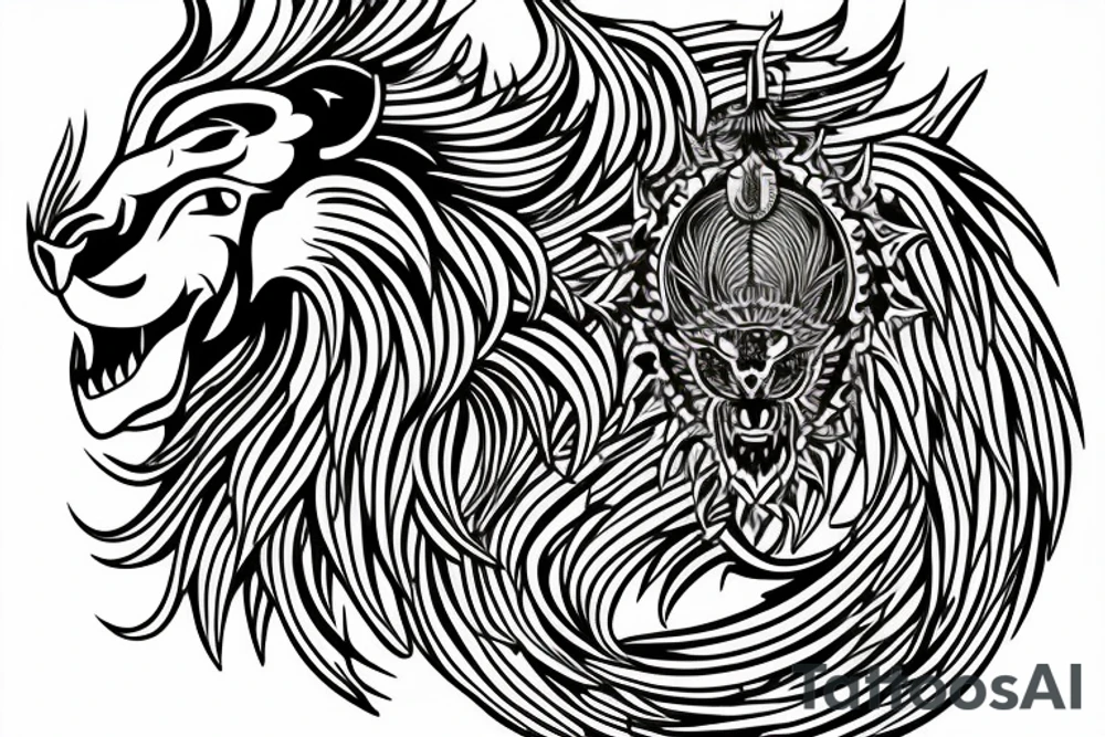 Mystical lion dragon shaman pegasus
Lions mane
Dragons wings
Dragons claws
Crystal ball
Vertical orientation
Vertically stacked
Dark
Spiritual
Simple lines
No white lines tattoo idea