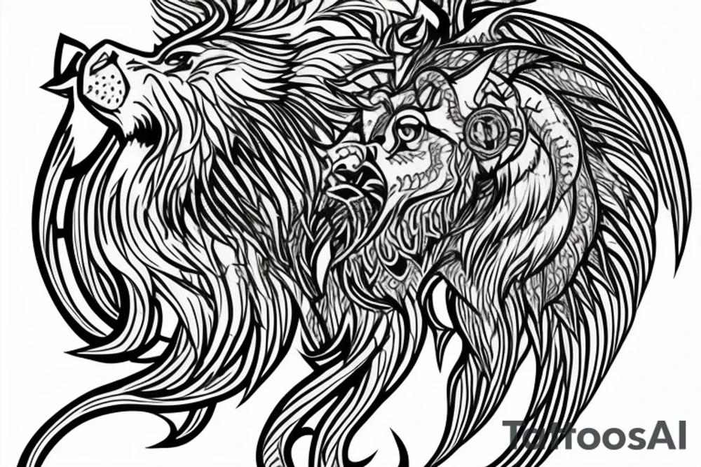 Mystical lion dragon shaman pegasus
Lions mane
Dragons wings
Dragons claws
Crystal ball
Vertical orientation
Vertically stacked
Dark
Spiritual
Simple lines
No white lines tattoo idea