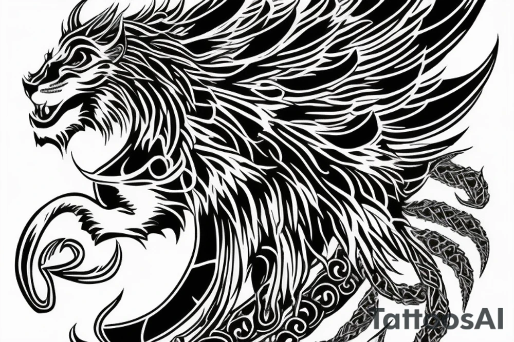 Mystical lion dragon shaman pegasus
Lions mane
Dragons wings
Dragons claws
Crystal ball
Vertical orientation
Vertically stacked
Dark
Spiritual
Simple lines
No white lines
White background tattoo idea