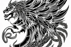 Mystical lion dragon shaman pegasus
Lions mane
Dragons wings
Dragons claws
Crystal ball
Vertical orientation
Vertically stacked
Dark
Spiritual
Simple lines
No white lines
White background tattoo idea