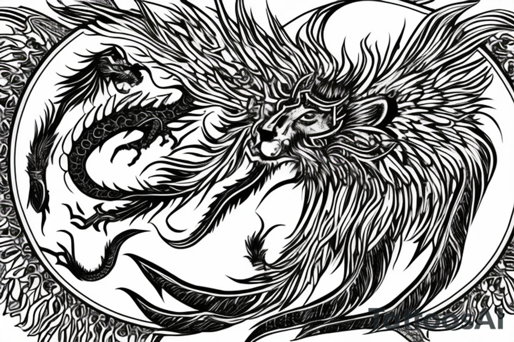 Mystical lion dragon shaman pegasus
Lions mane
Dragons wings
Dragons claws
Crystal ball
Vertical orientation
Vertically stacked
Dark
Spiritual
No white lines
White background tattoo idea