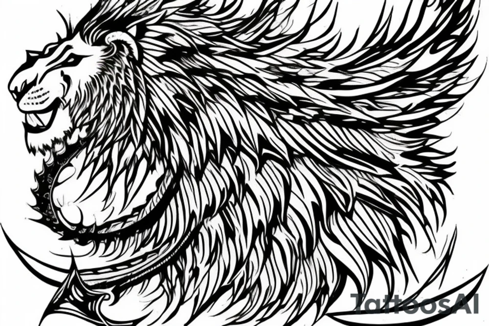 Mystical lion dragon shaman pegasus
Lions mane
Dragons wings
Dragons claws
Crystal ball
Vertical orientation
Vertically stacked
Dark
Spiritual
No white lines
White background tattoo idea