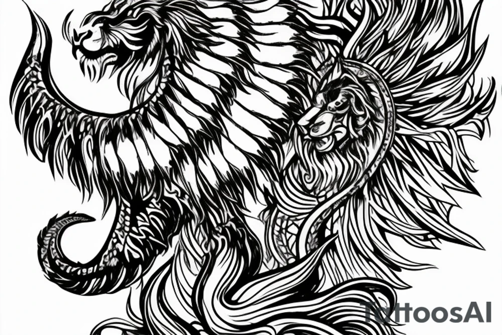Mystical lion dragon shaman pegasus
Lions mane
Dragons wings
Dragons claws
Crystal ball
Vertical orientation
Vertically stacked
Dark
Spiritual
No white lines
White background tattoo idea